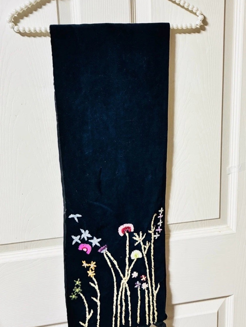 Mitchie's Matchings Blk Velvet floral Embroidery Scarf Wrap Small Pom Poms 9X56